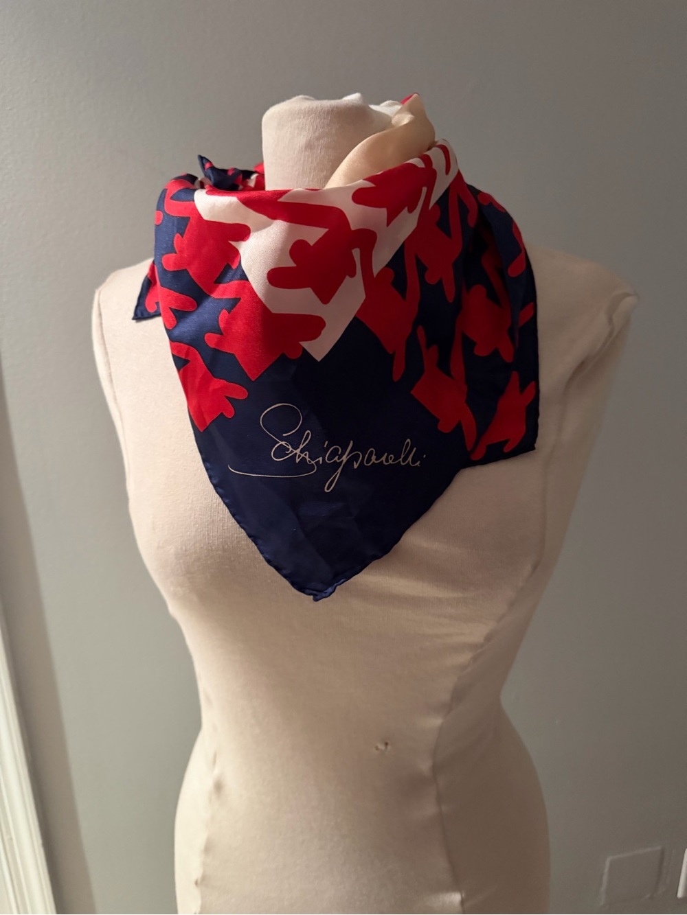 Schiaparelli Silk Scarf Red Navy Houndstooth Square 26” x 26”
